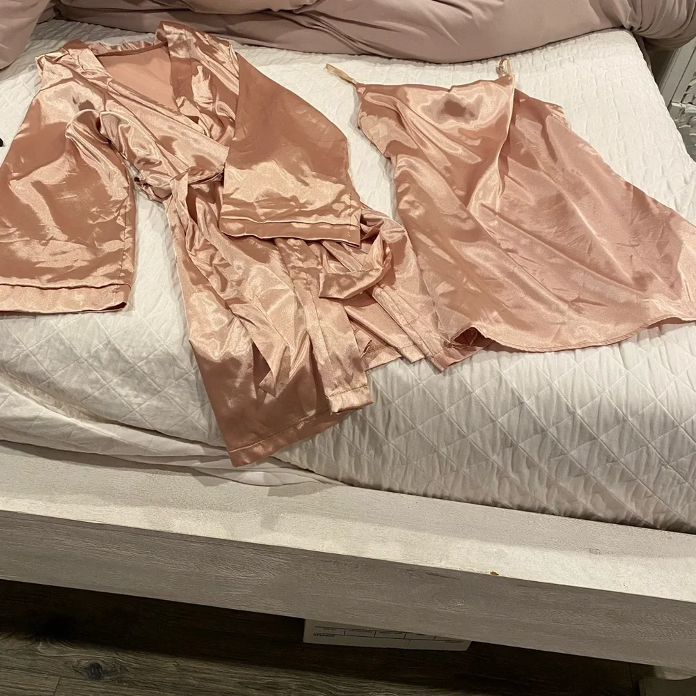 Wrap Tie Satin Robe & Matching Cowl Neck Short Gown/Dress - Desert Coral
